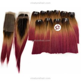 Vietnamese bone straight three tones ombre human hair bundles with closure