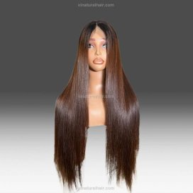 Wig Natural Brown Black Root 2×6 Swiss Lace 24″ Full Volume Premium Quality Human Hair